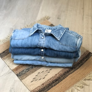 Vintage style women denim jean pearl snap button up shirts
