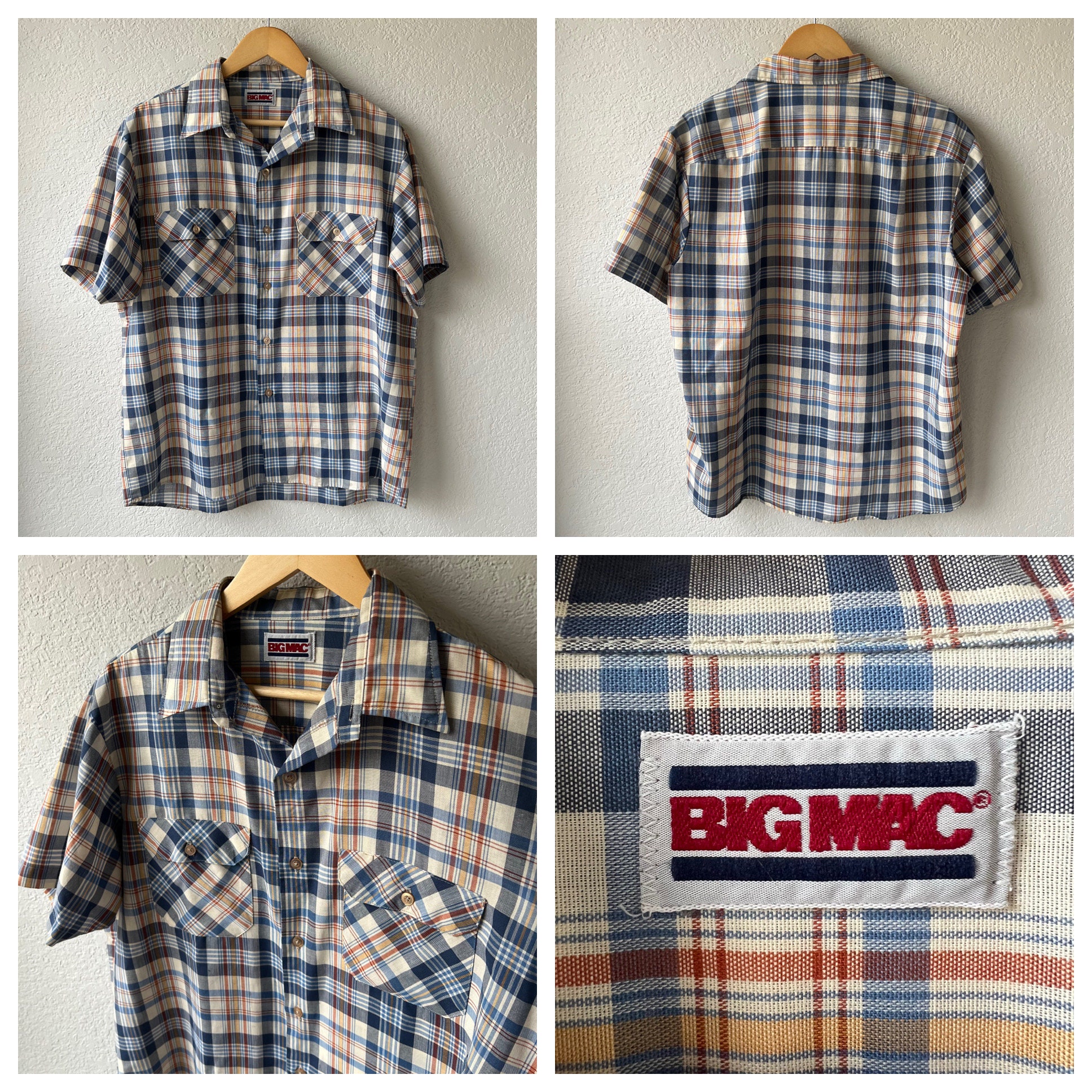 【2plan】Ete 09 Vintage Pocket Check Short Sleeve Shirt Vintage Mens Short Sleeve Plaid Pearl Snap / Button up Shirt