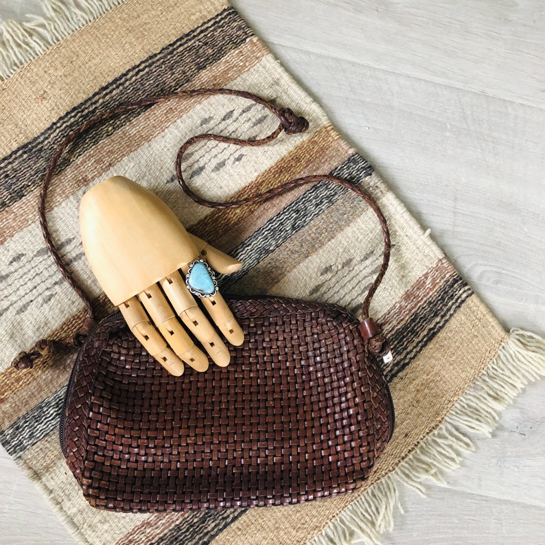 Vintage brown leather basket weave purse