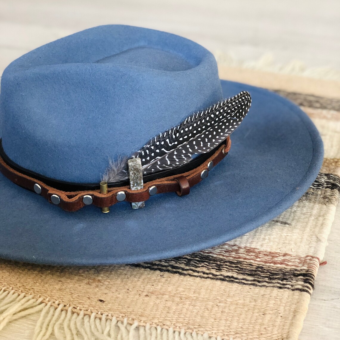Custom unisex handmade leather hat band w/ bullet shell stone Etsy