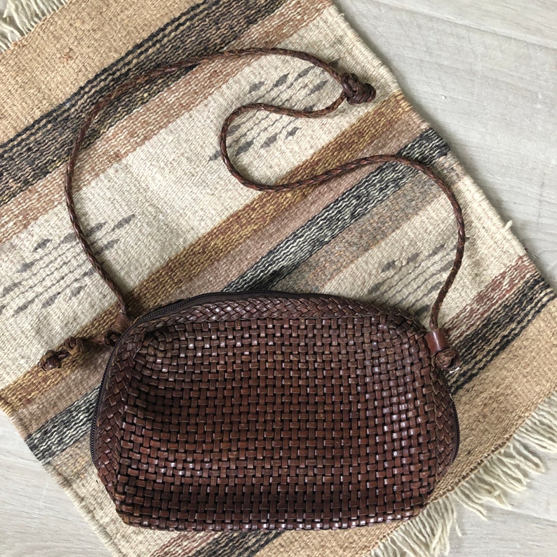 Vintage brown leather basket weave purse