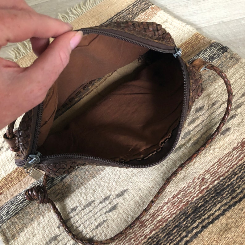 Vintage brown leather basket weave purse