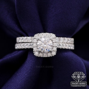 Bridal Set, Cushion Shape Halo Ring, Trellis Setting Ring, Round Cut Moissanite Engagement Ring, Half Eternity Wedding Band