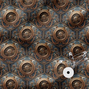 May include: A repeating pattern of bronze-coloured circular designs with spokes and intricate details, set against a blue and bronze hexagonal background. The design has a steampunk aesthetic. A white button and safety pins are in the foreground.