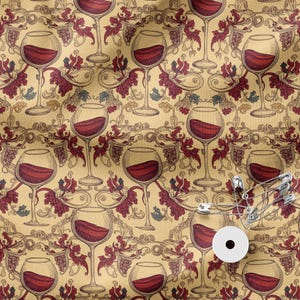 Patrón de copas de vino con diseño de vides, tela de poliéster de 58 pulgadas de ancho, cortada a medida, para costura, manualidades y proyectos de bricolaje.