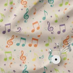 May include: Cream-colored fabric with a repeating pattern of colorful musical notes, treble clefs, and stars. The notes have smiling faces. A few silver safety pins and a white spool with a black center are in the lower right corner.