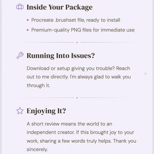Op de afbeelding: Een lichtpaarse afbeelding met tekst in secties: "Inside Your Package", "Running Into Issues?" en "Enjoying It?". De tekst beschrijft de inhoud van een digitaal product, ondersteuning en het belang van beoordelingen.