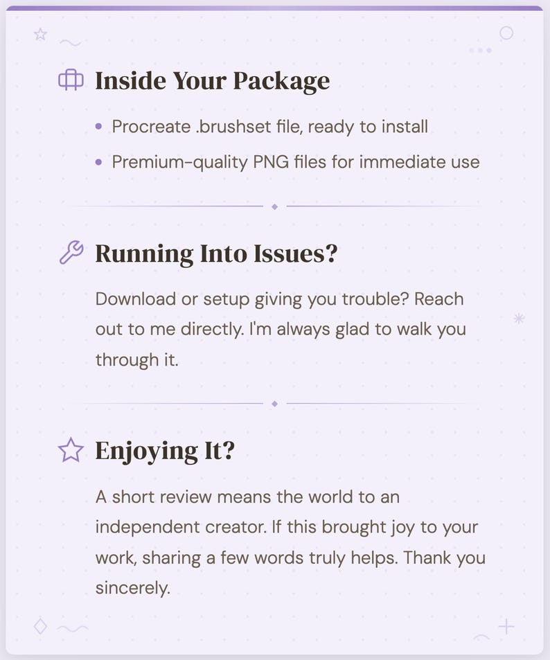 Op de afbeelding: Een lichtpaarse afbeelding met tekst in secties: "Inside Your Package", "Running Into Issues?" en "Enjoying It?". De tekst beschrijft de inhoud van een digitaal product, ondersteuning en het belang van beoordelingen.
