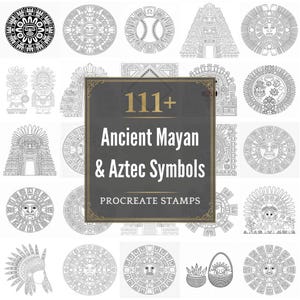 Puede incluir: Una colección de símbolos mayas y aztecas antiguos en blanco y negro. La imagen incluye varios diseños circulares, ilustraciones arquitectónicas y un gráfico central con el texto "111+ Ancient Mayan & Aztec Symbols PROCREATE STAMPS."