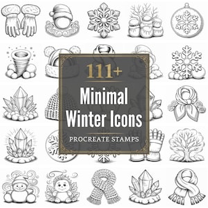 Könnte beinhalten: Schwarz-Weiß-Illustrationen von winterlichen Symbolen, darunter Schneeflocken, Mützen, Handschuhe, Schals, Kristalle und ein Schneemann. Das Bild enthält den Text "111+ Minimal Winter Icons Procreate Stamps."