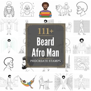 May include: A collection of black and white illustrations featuring men with afros and beards. The images include various poses and activities, with the text "111+ Beard Afro Man Procreate Stamps" in the center.