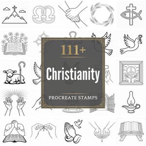 以下が含まれることがあります： キリスト教をテーマにした白黒のProcreateスタンプのコレクション。画像には、十字架、手、鳩、開いた本、そして「Christianity」というテキストのイラストが含まれています。