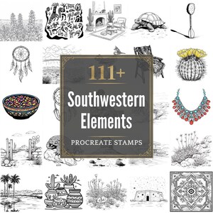 May include: A collection of Southwestern-themed illustrations, including a dreamcatcher, a turtle, a bowl of beans, and a necklace. The central image features the text "111+ Southwestern Elements Procreate Stamps."