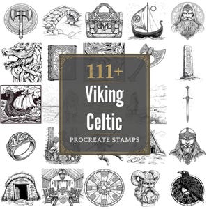 May include: A collection of black and white Viking and Celtic themed illustrations. The image includes drawings of axes, ships, a dragon, a ring, a shield, and a bust. Text in the center reads "111+ Viking Celtic Procreate Stamps."