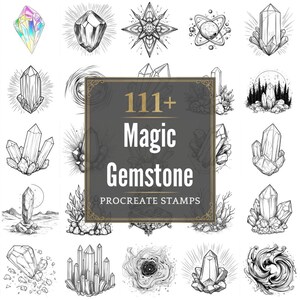 Peut inclure: Ensemble d'illustrations en noir et blanc de cristaux, pierres précieuses et motifs célestes. L'image comprend le texte "111+ Magic Gemstone Procreate Stamps" dans un cadre décoratif, parfait pour les projets d'art numérique.