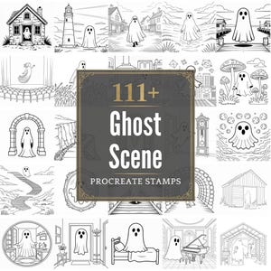 May include: Black and white illustrations of ghosts in various scenes, including a house, lighthouse, and town. The central image features text that reads "111+ Ghost Scene Procreate Stamps."