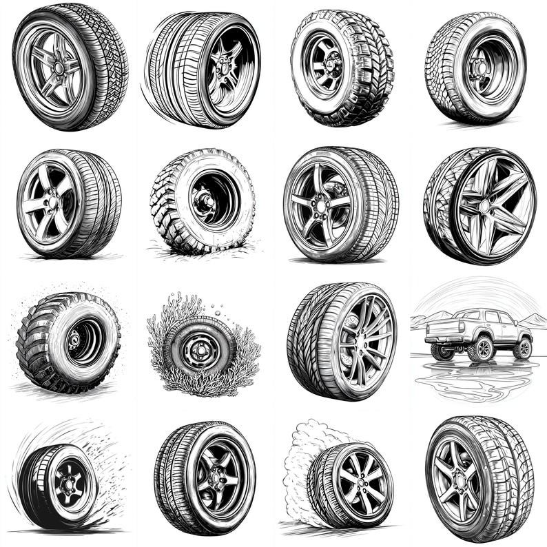 Op de afbeelding: Een verzameling zwart-wit illustraties van verschillende autobanden en wielen. De afbeeldingen tonen verschillende profielpatronen en wielontwerpen, waaronder off-road en racestijlen. Sommige banden worden afgebeeld met bewegingseffecten.