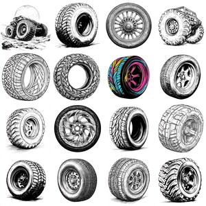Op de afbeelding: Een verzameling gedetailleerde zwart-wit illustraties van verschillende banden en wielen. De afbeeldingen tonen verschillende profielpatronen, wielontwerpen en bandstijlen, waaronder een monstertruck en een kleurrijk wiel.