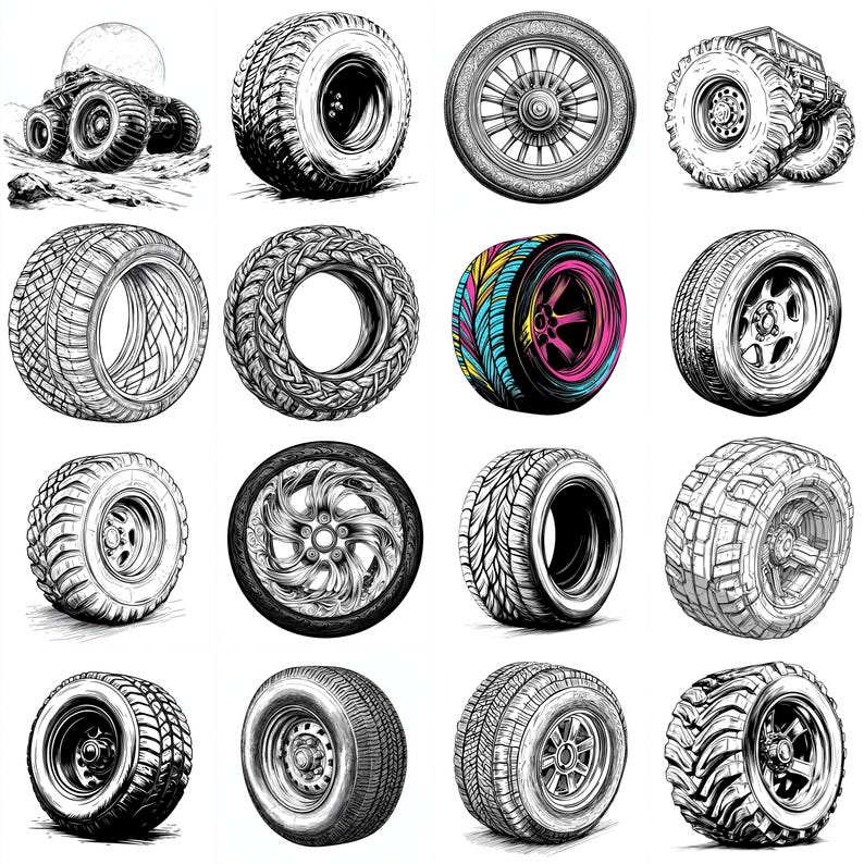 Op de afbeelding: Een verzameling gedetailleerde zwart-wit illustraties van verschillende banden en wielen. De afbeeldingen tonen verschillende profielpatronen, wielontwerpen en bandstijlen, waaronder een monstertruck en een kleurrijk wiel.