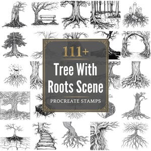 May include: A collection of black and white illustrations of trees with various root scenes. The image includes a central graphic with the text "111+ Tree With Roots Scene Procreate Stamps."