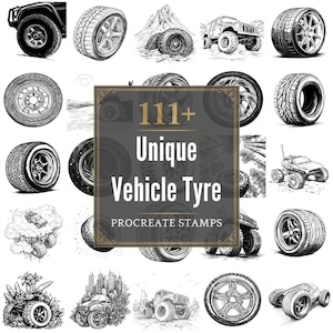 Puede incluir: Ilustraciones en blanco y negro de neumáticos de vehículos. La imagen presenta varios diseños de neumáticos, incluyendo estilos todoterreno y de carreras, con el texto "111+ Unique Vehicle Tyre Procreate Stamps."