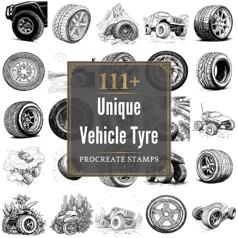 Op de afbeelding: Zwart-wit illustraties van voertuigbanden. De afbeelding toont diverse bandenontwerpen, waaronder off-road en racestijlen, met de tekst "111+ Unique Vehicle Tyre Procreate Stamps."