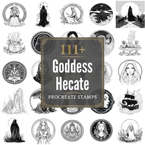 Puede incluir: Una colección de ilustraciones en blanco y negro que representan a la diosa Hécate. Las imágenes incluyen representaciones de brujas, lunas y símbolos místicos. El texto "111+ Goddess Hecate Procreate Stamps" se muestra en el centro.
