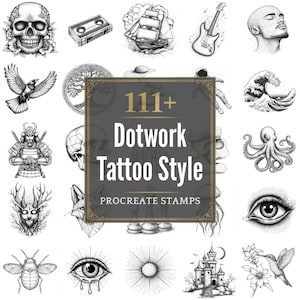 May include: A collection of black and white dotwork tattoo style illustrations. The images include a skull, a ship, a guitar, a crow, a samurai, an octopus, an eye, and more. The central image reads "111+ Dotwork Tattoo Style Procreate Stamps."