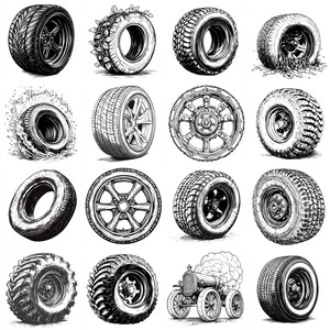 Op de afbeelding: Een verzameling zwart-wit illustraties van verschillende banden en wielen. De afbeeldingen tonen verschillende profielpatronen, wielontwerpen en artistieke representaties, waaronder een oldtimer en banden met plantenelementen.