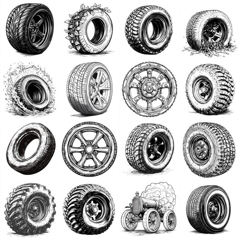 Op de afbeelding: Een verzameling zwart-wit illustraties van verschillende banden en wielen. De afbeeldingen tonen verschillende profielpatronen, wielontwerpen en artistieke representaties, waaronder een oldtimer en banden met plantenelementen.