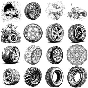 Op de afbeelding: Zwart-wit illustraties van verschillende banden en wielen. De afbeelding bevat offroad-banden, racebanden en gedetailleerde wielontwerpen. Sommige afbeeldingen tonen voertuigen, waaronder een monstertruck.
