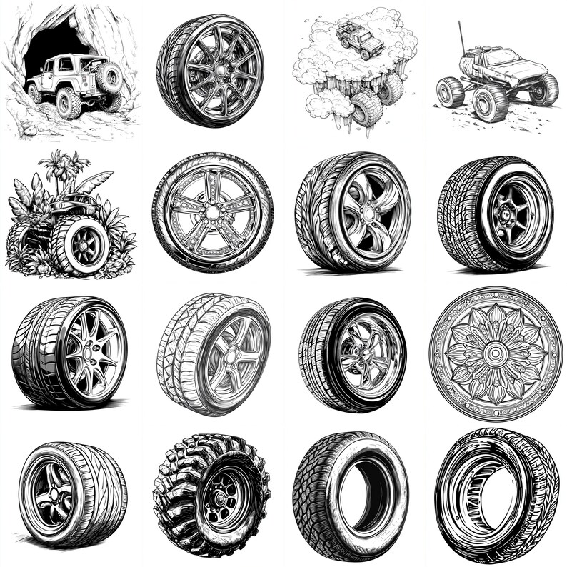 Op de afbeelding: Zwart-wit illustraties van verschillende banden en wielen. De afbeelding bevat offroad-banden, racebanden en gedetailleerde wielontwerpen. Sommige afbeeldingen tonen voertuigen, waaronder een monstertruck.