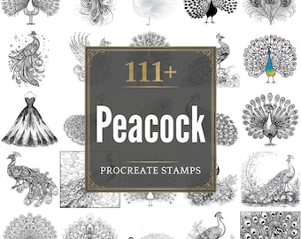 Op de afbeelding: Een verzameling Procreate-stempels met pauwenthema. De afbeelding toont verschillende illustraties van pauwen in verschillende poses en stijlen, waaronder gedetailleerde lijntekeningen en een witte pauw. De centrale afbeelding luidt "111+ Peacock Procreate Stamps."