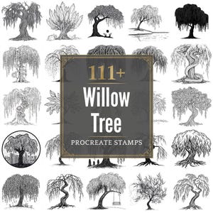 May include: A collection of 111+ willow tree Procreate stamps in various styles. The black and white illustrations showcase different tree shapes, including weeping willows, with detailed line art and varying levels of shading.