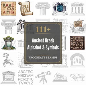 May include: An image showcasing Ancient Greek alphabet and symbol illustrations. The image includes drawings of Greek columns, scrolls, and architectural elements. The central image has the text "111+ Ancient Greek Alphabet & Symbols Procreate Stamps."