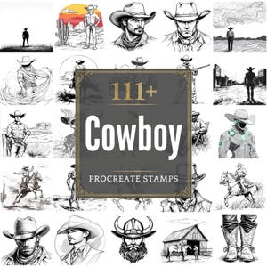 Puede incluir: Una colección de 111+ sellos de vaquero Procreate. Las imágenes son ilustraciones en blanco y negro de vaqueros en varias poses, incluyendo retratos, montando a caballo y de pie en paisajes. La imagen central tiene el texto "111+ Cowboy Procreate Stamps."