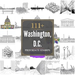 May include: A collection of 111+ Washington, D.C. Procreate stamps. The image features various black and white line drawings of D.C. landmarks, including the Capitol Building, the Washington Monument, and other architectural structures.
