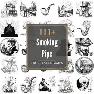 Puede incluir: Una colección de ilustraciones en blanco y negro que presentan pipas de fumar e imágenes relacionadas. La imagen central muestra el texto "111+ Smoking Pipe Procreate Stamps" dentro de un marco decorativo, rodeado de varios diseños de pipas y personajes de fantasía.