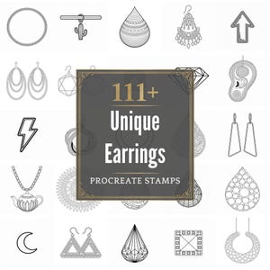 Può includere: Una collezione di modelli di orecchini in bianco e nero, tra cui cerchi, gocce e forme geometriche. L'immagine presenta una grafica centrale che recita "111+ Unique Earrings Procreate Stamps."