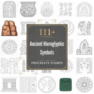 Pode incluir: Uma coleção de 111+ símbolos hieroglíficos antigos em vários estilos, incluindo tábuas, vasos e desenhos circulares. A imagem apresenta um quadrado central com o texto "Ancient Hieroglyphic Symbols" e "Procreate Stamps".
