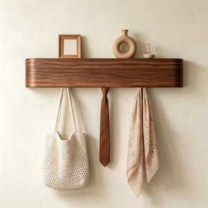 Puede incluir: Un estante de pared horizontal de madera oscura con bordes redondeados. Encima hay un marco de fotos de madera, un jarrón beige en forma de rosquilla y una pequeña lámpara. Debajo cuelgan un bolso de ganchillo color crema, una corbata marrón y un pañuelo con estampado floral.