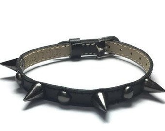 8mm Gun Metal Spike Studded Leather Bracelet Wristband, Flat Black Leather Buckle Bracelet Wristband With Spike Studs, Spiked Flat Leather