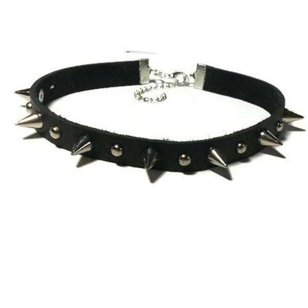 Silver Spike Leather Choker, Black Choker, Punk Choker, Rocker Choker, Gothic Choker, Choker Collar, Leather Choker, Thin Black Choker