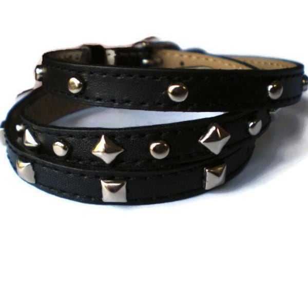 Leather Wrap Bracelet - Studded Leather Buckle Bracelet - Studded Black Wristband - Studded Black Buckle Bracelets - 3 Bracelets In 1