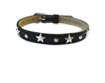 Star Studded Black Leather Buckle Bracelet Wristband - 8mm Star Studded Black Leather Strap -  Adjustable - Layering bracelet