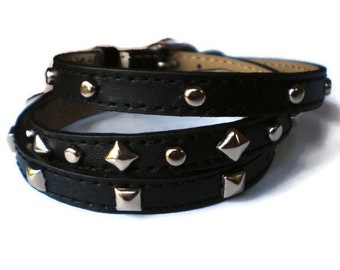 Leather Wrap Bracelet - Studded Leather Buckle Bracelet - Studded Black Wristband - Studded Black Buckle Bracelets - 3 Bracelets In 1