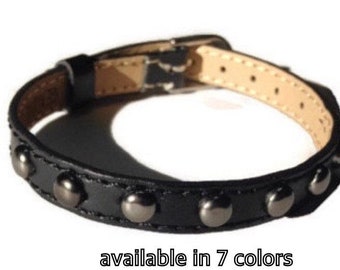Gunmetal Studded Black Genuine Leather Bracelet Wristband -  Black Leather Stacking Bracelet - Black Buckle Bracelet