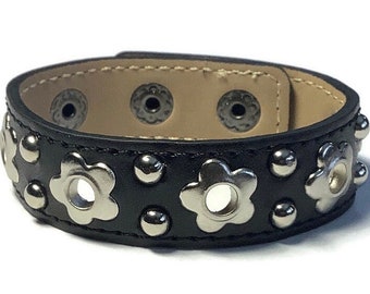 Flower Eyelet Studded Black Leather Cuff, Grommet And Spike Black Leather Bracelet - Leather Bracelet - Studded Black Leather Bracelet Cuff