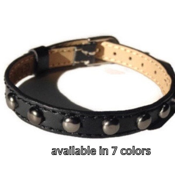 Gunmetal Studded Black Genuine Leather Bracelet Wristband -  Black Leather Stacking Bracelet - Black Buckle Bracelet