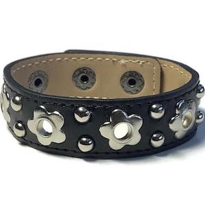 Flower Eyelet Studded Black Leather Cuff, Grommet And Spike Black Leather Bracelet - Leather Bracelet - Studded Black Leather Bracelet Cuff